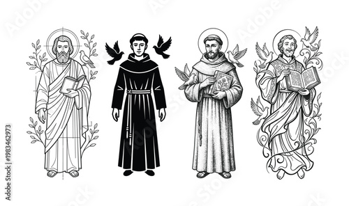 Vector illustrations of various Christian religious figures, including saints and monks, in black and white styles. Ideal for religious themes, education, or historical designs.