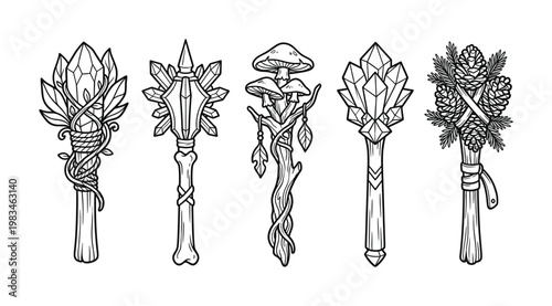 A collection of mystical fantasy staffs, scepters, and magical wands, featuring crystals, nature, and bones. Perfect for gaming, book covers, or coloring.