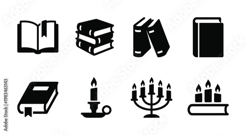 Set of black silhouette icons featuring various books and burning candles. Ideal for education, religion, learning, knowledge, and spiritual themes. Clean, minimalist design.