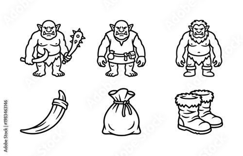 Outline vector illustration set depicting various goblin and orc fantasy creatures, weapons, and accessories. Perfect for game design, themed events, or children's media.