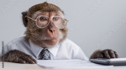 Thinking monkey in shirt and tie at a desk with documents and calculator, illustrating office work, planning, and inspection in a modern business environment.