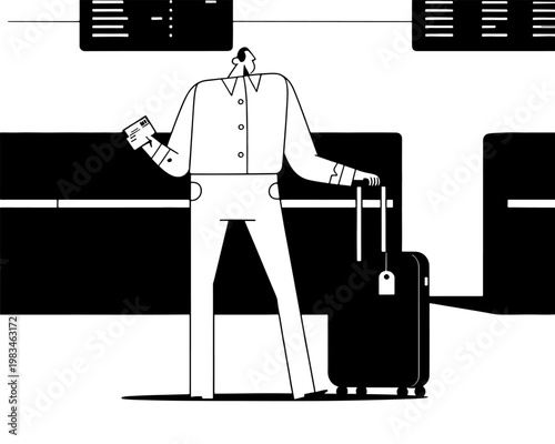 Traveler with luggage standing at airport terminal check-in counter, white background isolated