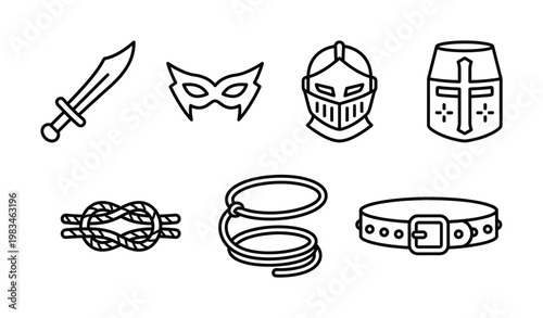Collection of outline icons featuring adventure, security, and fantasy elements on a white background. Perfect for game design, web graphics, and historical themes.