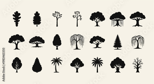 Collection of various tree silhouettes and icons.