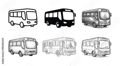 Diverse vector illustrations of city buses and public transport vehicles in outline, silhouette, engraving, and sketch styles, suitable for design and educational projects.