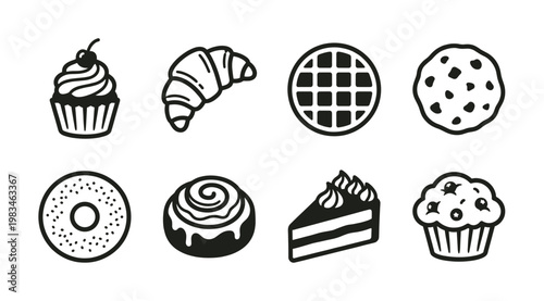 Simple black and white vector icons of popular baked goods and sweet treats. Great for web, mobile apps, menus, or cafe branding.
