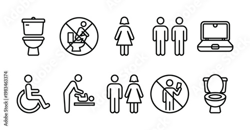 Essential outline icons for public restrooms: toilet, gender, accessibility, baby changing, and prohibitions. Ideal for signage, apps, and web design.