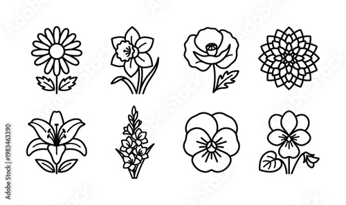 This set features eight distinct black outline flower illustrations on a pure white background. Versatile for modern design, web, and print applications.