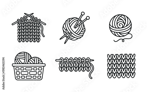 A collection of outline icons featuring knitting essentials like yarn balls, needles, and various knitted fabric elements. Perfect for craft projects, DIY blogs, and textile designs.
