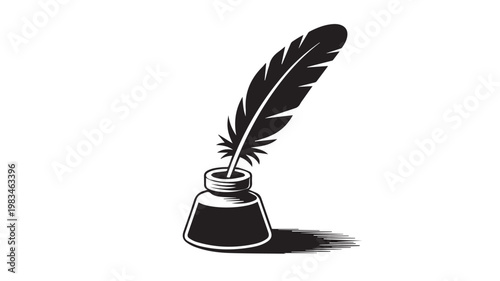 Inkwell and Quill Pen: A detailed graphic of a classic inkwell, with its sleek shape, houses a quill pen, its feathered form poised. This minimalist illustration conveys timeless elegance. 