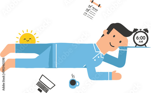 Man wearing blue pajamas plans his productive morning routine with a schedule.