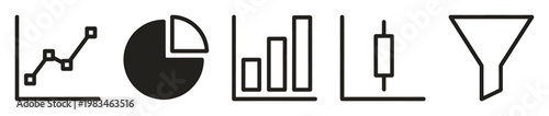 Essential data visualization icons: line, pie, bar, candlestick charts, and funnel. Ideal for business analytics, financial reporting, tech interfaces, and infographics.