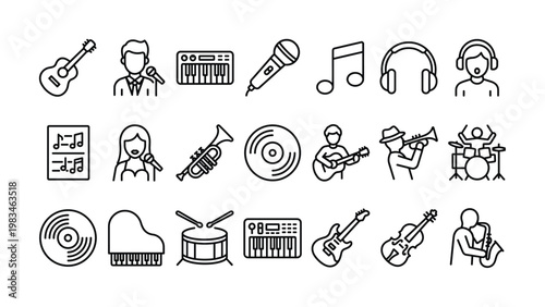 Collection of diverse music-related line art icons: instruments, performers, audio devices. Ideal for websites, apps, and educational content. Clean, modern design.