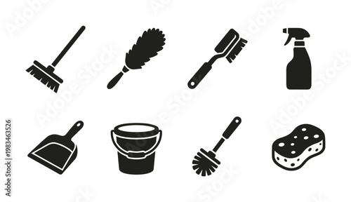 Set of essential black silhouette cleaning tools icons on white. Perfect for web, app, and print designs related to hygiene, house chores, or professional cleaning services.