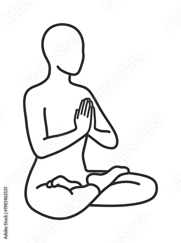 Minimalist line art illustration of a person meditating in a yoga lotus pose, hands in prayer. Represents peace, wellness, and mindful living. Ideal for health and spirituality content.