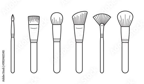Vector outline illustration of various cosmetic makeup brushes, perfect for beauty websites, tutorials, packaging, and digital designs. Clean, simple, and versatile icons.