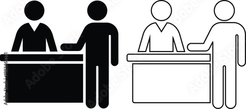 Vector icon set of customer at reception desk talking to service clerk in black silhouette and line outline styles isolated on white for hotel check-in and office help information concept.