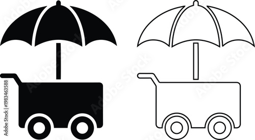 Vector icon set of street food vendor cart with umbrella in solid black silhouette and line outline styles isolated on white background for outdoor retail market and fastfood snack kiosk.
