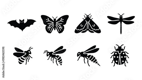 A collection of monochrome insect silhouettes including bats butterflies bees and beetles high quality professional detailed