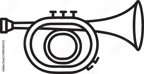 Premium High-Resolution Black & White Vector Icon of a Detailed Trumpet with Curved Horn and Bell for Music Education, Branding, App Design, UI/UX, Print Media, Advertising, Music Theory