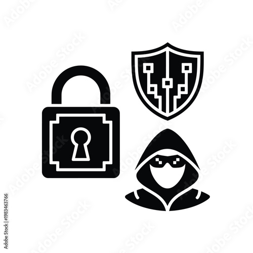 Cybersecurity concept depicting a lock shield and hooded hacker figure