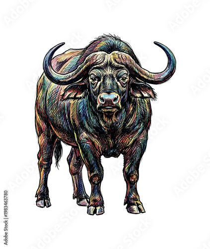Buffalo facing forward in full body view with balanced stance and wide chest, horns symmetrically extending outward and body mass