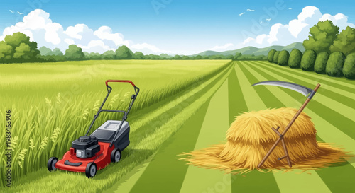 Lawn mower and haystack in field.