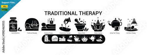 traditional therapy glyph icons including herbal medicine, acupuncture therapy, cupping treatment, natural herbs, holistic healing, herbal tea therapy, and hot stone massage. vector illustration