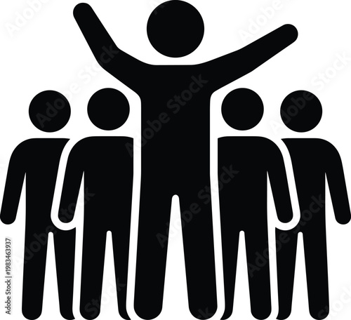 A group of people standing together with one person raising arms upward in a joyful pose.