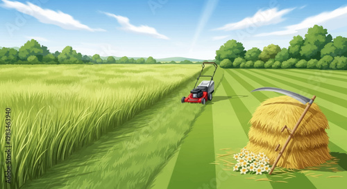 Tractor cutting a field of wheat.
