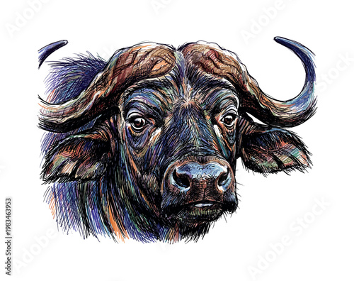 Frontal buffalo head with symmetrical horns and intense gaze highlighted by thick fur and structured hatching detail, expressive