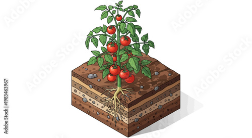 Tomato plant growing in soil layers.