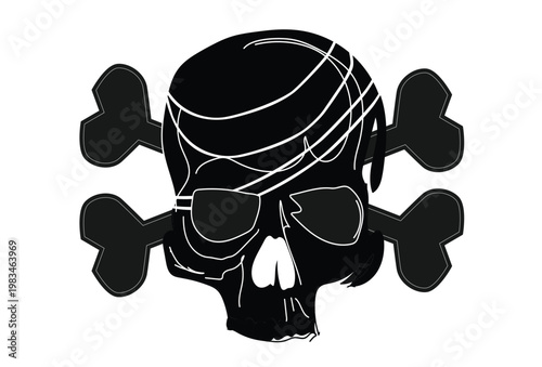 Pirate Skull and Crossbones. Two black crossbones are positioned behind the skull, forming a classic pirate symbol. The overall image has a stark, graphic quality with a white background.