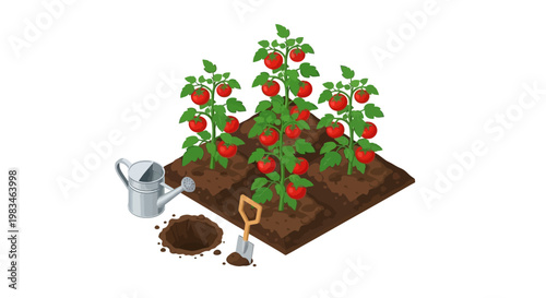 Tomato plants with gardening tools.