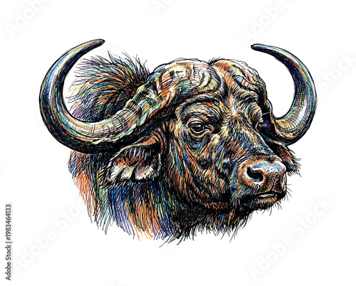 Buffalo head portrait in three-quarter view with massive curved horns and broad muzzle forming powerful rugged facial structure in
