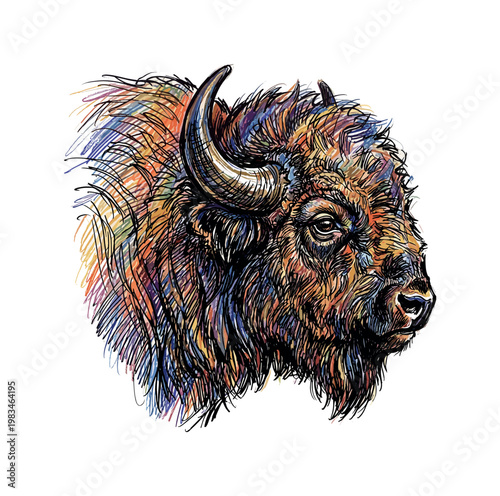 Buffalo head profile facing right with heavy muzzle and sweeping horn curve emphasized through directional pen strokes and layered