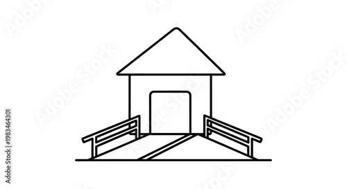 Minimalist line drawing of a house with a ramp and railings