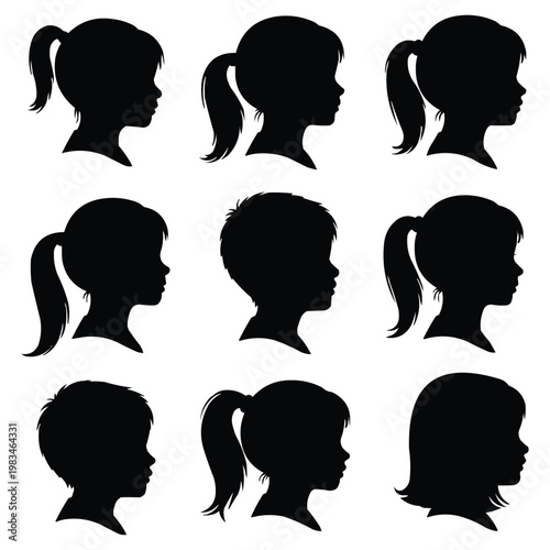 "Set of 9 Child Girl Head Profile Pure Black Silhouettes Vector Collection Kids Female Face Side View Different Ponytail Short Hair Styles Isolated White Background"