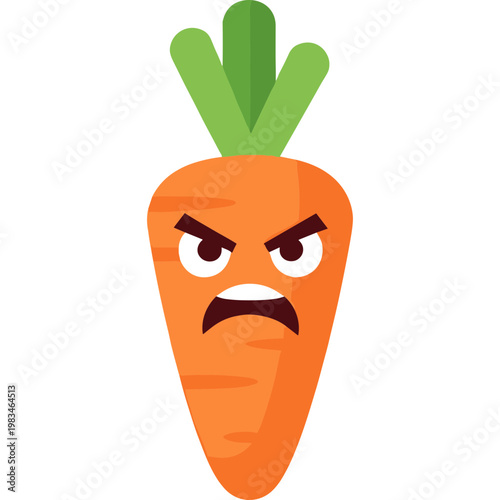 An angry cartoon carrot with green leaves appears menacing.