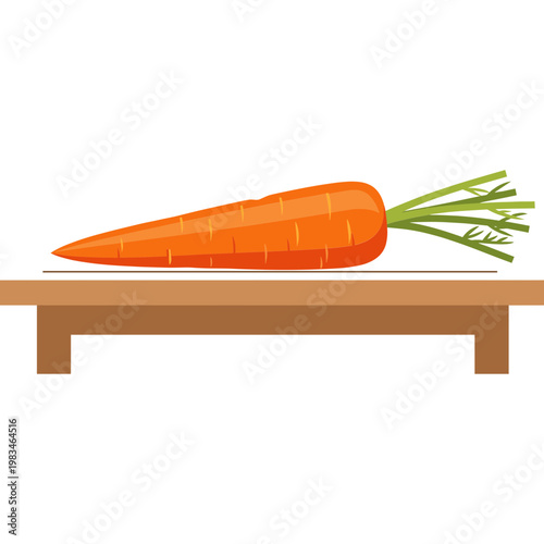 A large orange carrot with green leaves lies on a wooden table indoors.