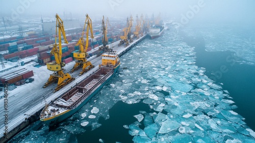 Cargo ships loading at winter port with ice