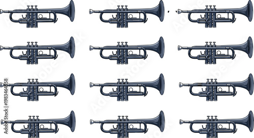 Large Collection of Silver Trumpet Musical Instrument Silhouettes in Multiple PerspectivesLarge Collection of Silver Trumpet Musical Instrument Silhouettes in Multiple Perspectives