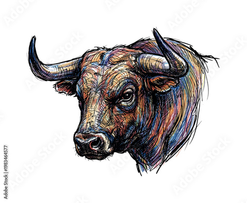 Close-up bull head focusing on eyes nose and horn base with layered strokes creating strong volume and rugged facial depth,