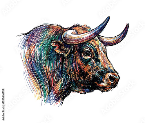 Bull head profile facing right with broad muzzle and horn curve emphasized through directional pen strokes and layered surface
