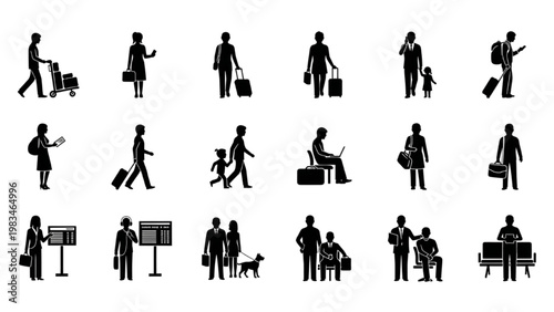 Top-Down View Airport Passenger Flow Architectural Blueprint Silhouette Vector Icon Set – Minimal Black Isolated Illustration on White Background