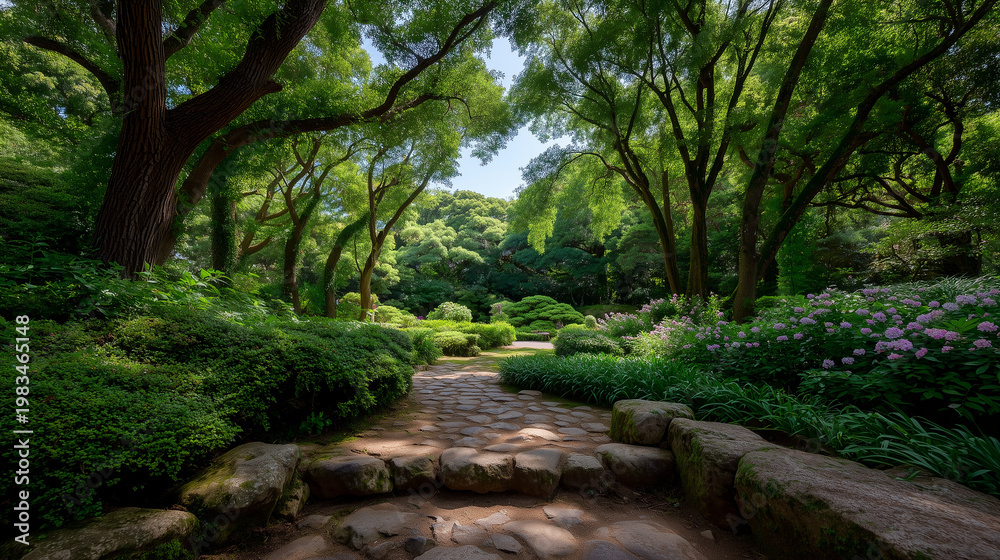 Fototapeta premium Garden path through lush greenery, shaded trees, and stone steps, a tranquil outdoor walkway with flowering shrubs and peaceful landscape.