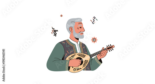 A distinguished elderly musician with a grey beard meticulously plays a traditional stringed instrument against a clean white background with folk art.