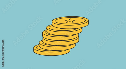 A stack of stylized, gold coins with a star emblem, presented against a light blue background
