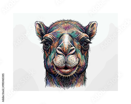 Vibrant, colorful illustration of a camel's face with intricate line work