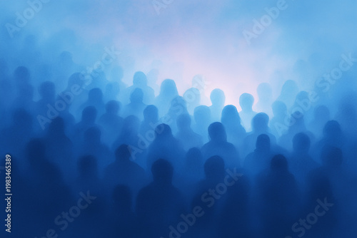 Crowd of silhouettes in a blue hazy scene, depicting a distant gathering and shared energy at an atmospheric event. moody, cinematic vibe invites meaning